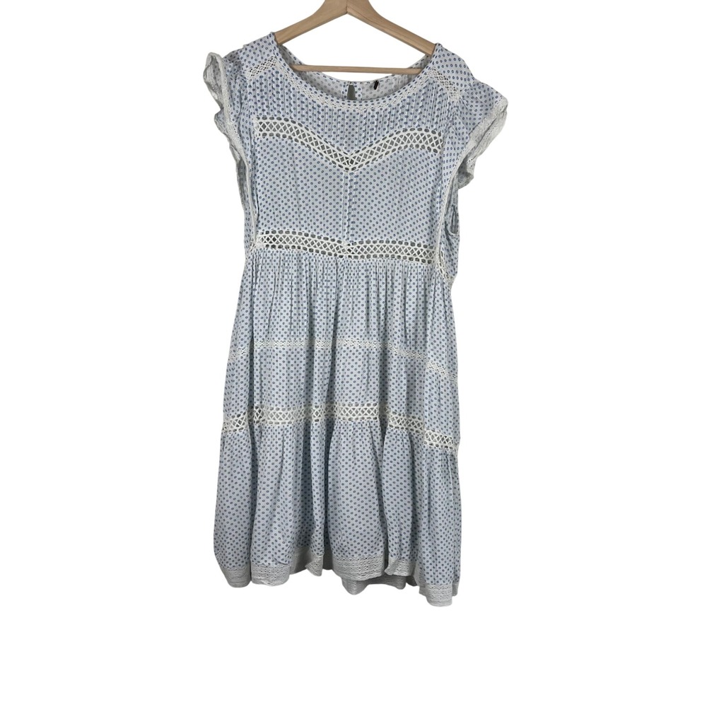 Free People Blue White Floral Dot Crochet Lace Tiered Flutter Sleeve Mini‎ Dress